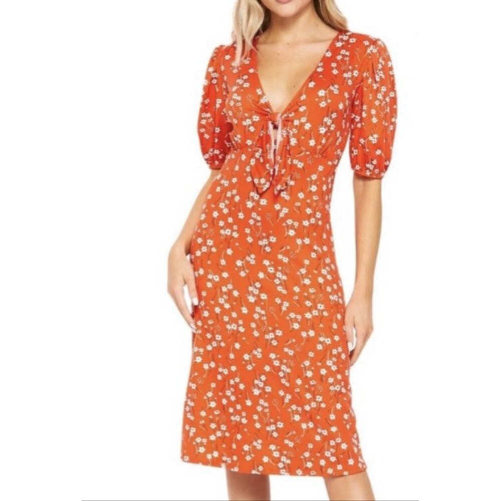 NWT Velvet Torch Floral Puff Sleeve Dress Red Keyhole Tie Sz Small Nordstrom